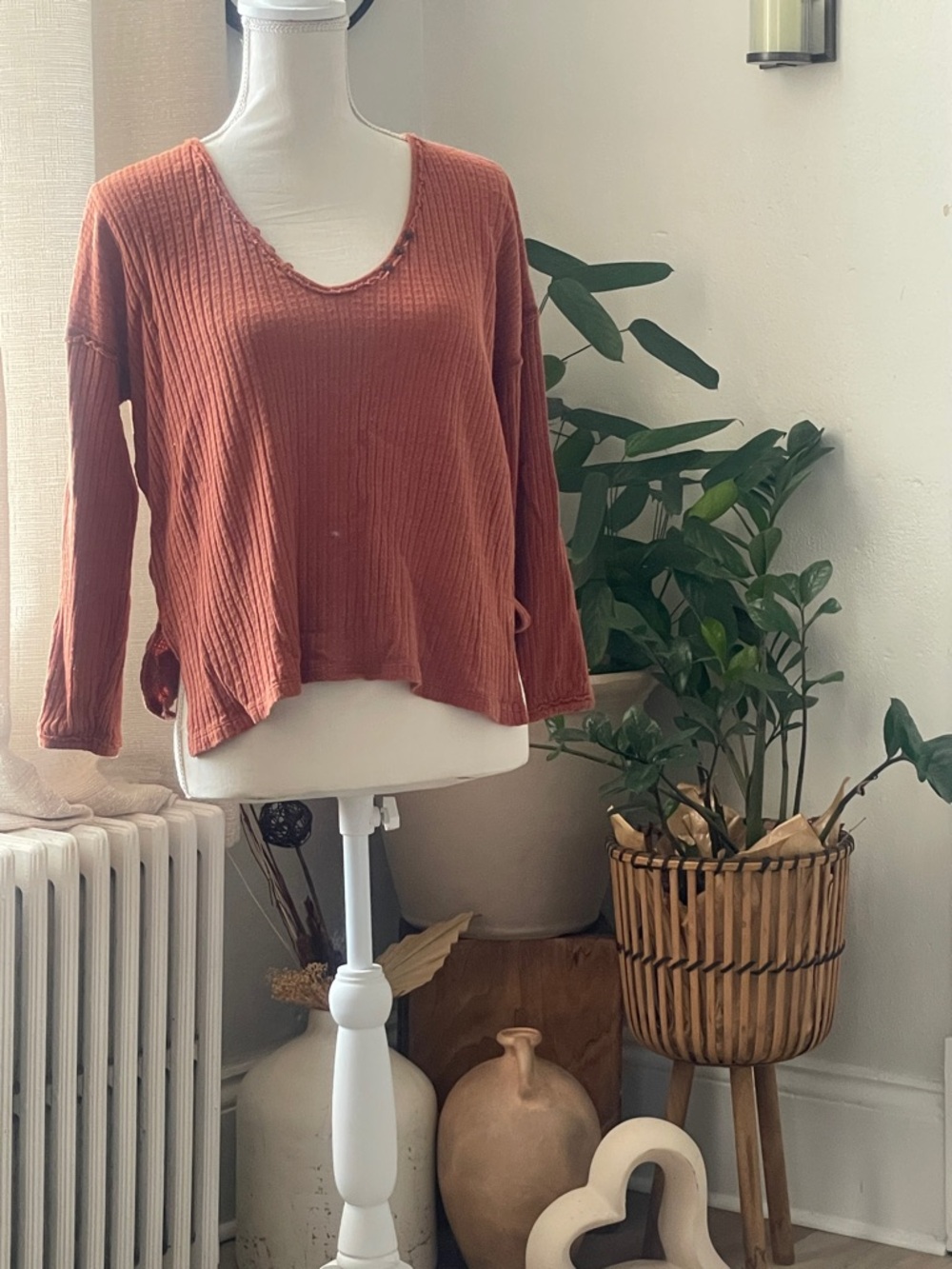 Free People Rust Ribbed V-Neck Long Sleeve Top